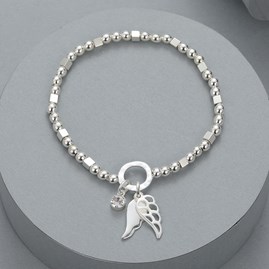 Round and Square Bead Bracelet with Angel Wings and Stone Charm Round and Square Bead Bracelet with Angel Wings and Stone Charm